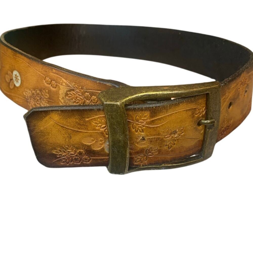 Genuine Leather Womens Belt Tooled Flowers Brass Buckle Western Boho Vintage